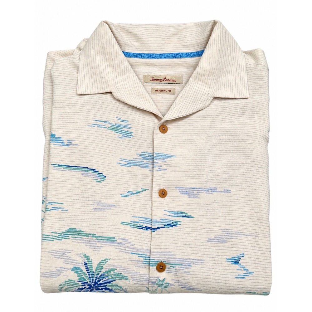 Tommy Bahama Tripical Silk Shirt Mens XL Cream Blue Palm Tree Original Fit